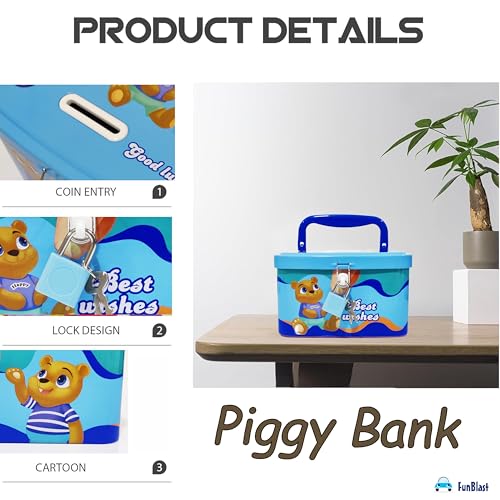 FunBlast Money Saving Tin Coin Bank with Handle, Lock and Key, Piggy Bank for Kids, Gullak for Kid, Birthday Return for Boys & Girls, Money Bank, Coin Box for Kid (A-Multicolor) - Image 2