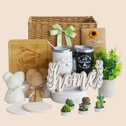 JIABOLANG House Warming Gifts New Home 18 Pcs Housewarming Gifts Basket New Home Gift Ideas Faux Plants Scented Candles Home Sweet Home Bamboo Cutting Board for Couple Women Men Closing Gifts for Home Buyers - Image 1