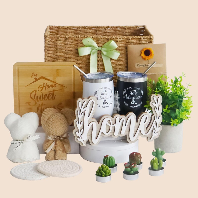 JIABOLANG House Warming Gifts New Home 18 Pcs Housewarming Gifts Basket New Home Gift Ideas Faux Plants Scented Candles Home Sweet Home Bamboo Cutting Board for Couple Women Men Closing Gifts for Home Buyers - Image 2