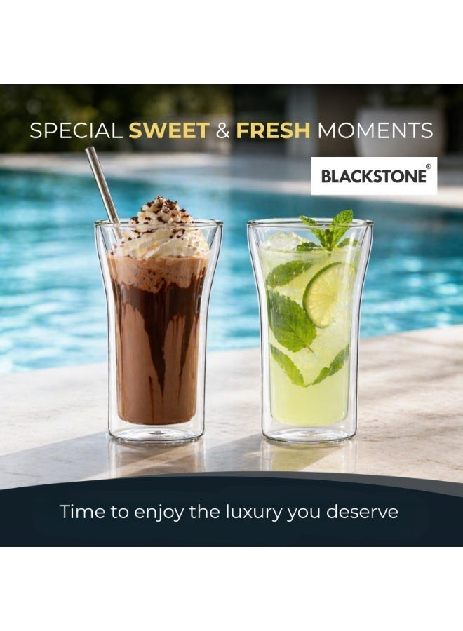 BLACKSTONE Double Wall Borosilicate Tall Glass Set of 2, 400ml, Clear Glass Cups for Cold Coffee, Iced Americano Latte Drinks and Fresh Juice, DG502 - Image 3