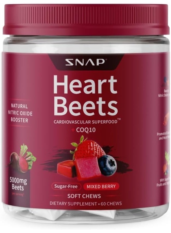 Snap Supplements Heart Beets Beet Root Soft Chews, Cardiovascular Support Supplement for Men & Women, CoQ10 & Acai, Energy & Circulation Support, Sugar Free, Mixed Berry, 60 Soft Chews - Image 1