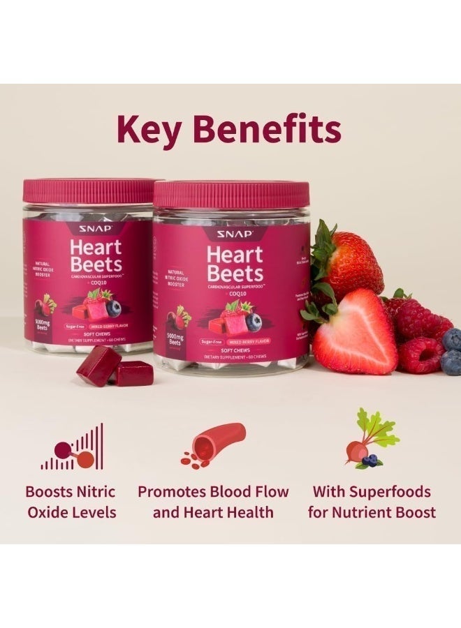 Snap Supplements Heart Beets Beet Root Soft Chews, Cardiovascular Support Supplement for Men & Women, CoQ10 & Acai, Energy & Circulation Support, Sugar Free, Mixed Berry, 60 Soft Chews - Image 3