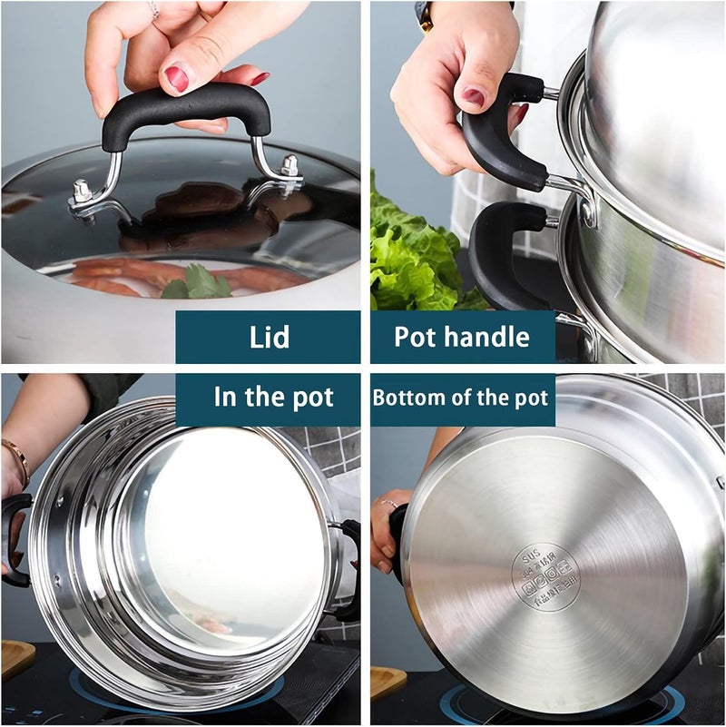 MANO Steamer Pot for Cooking 14.2 inch Steam Pots with Lid 2-tier Stainless Steel Steaming Pot Multipurpose Cookware with Handle for Vegetable, Dumpling, Stock, Sauce, Foodâ€¦ - Image 4