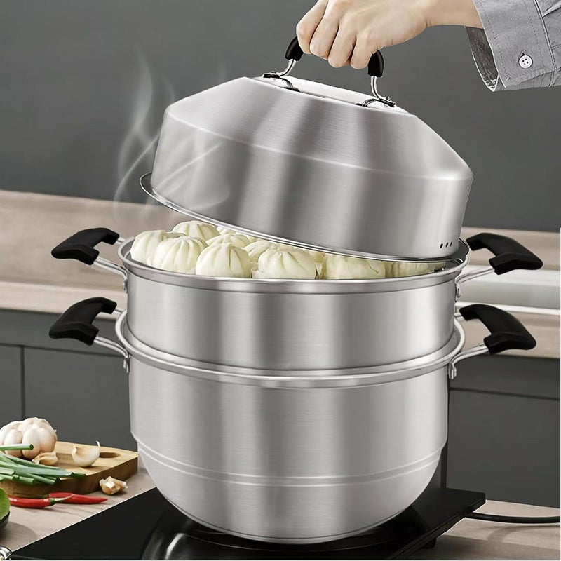 MANO Steamer Pot for Cooking 14.2 inch Steam Pots with Lid 2-tier Stainless Steel Steaming Pot Multipurpose Cookware with Handle for Vegetable, Dumpling, Stock, Sauce, Foodâ€¦ - Image 1