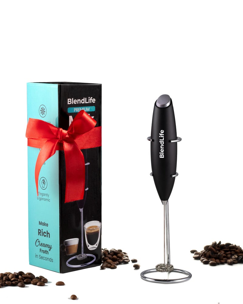 BlendLife Handheld Milk Frother | Battery-Operated Stainless Steel Mixer with Stand | Perfect for Milk, Coffee, Lattes, Cappuccinos, Frappes, Matcha & Hot Chocolate | Versatile Egg Beater | Black - Image 1