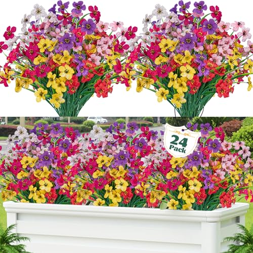 Lnoicy 24 Pcs Artificial Flowers for Outdoor,Plastic Flowers Decoration, UV Resistant Faux Flowers Shrubs, Artificial Plants for Indoor Outside Garden Home Wedding Farmhouse（6 Color） - Image 1