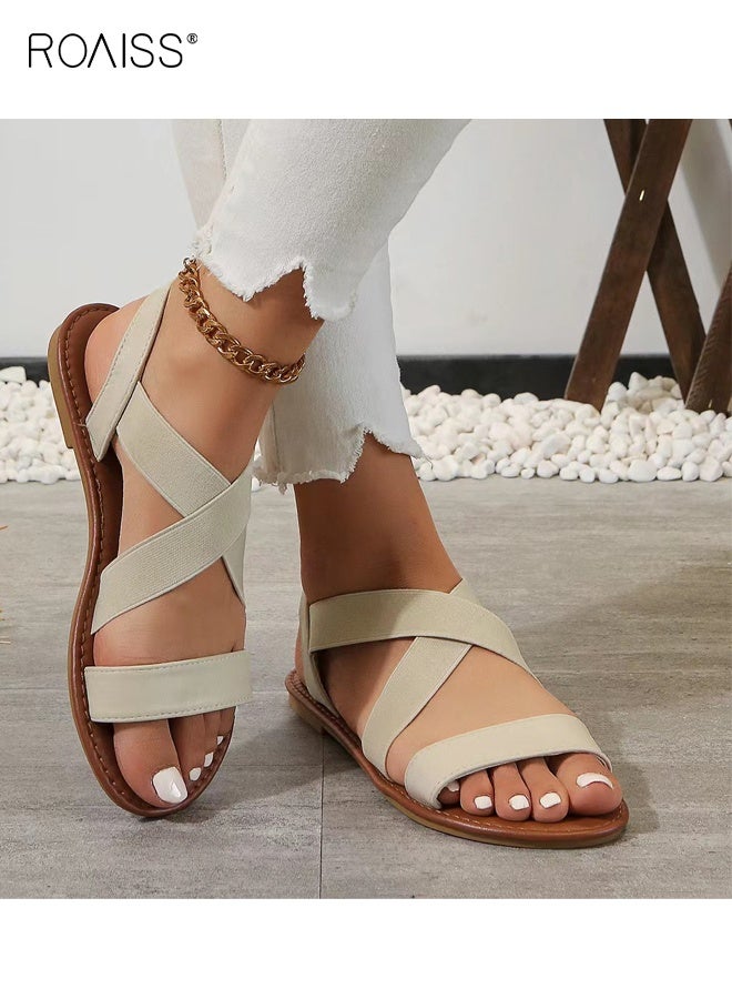 roaiss Flat Roman Sandals for Women Open Toe Lightweight Elastic Band Sandals Women's Plus Size Slip On Comfortable Casual and Stylish Outdoor Beach Slippers Ankle Strap Beige Lightweight - Image 2
