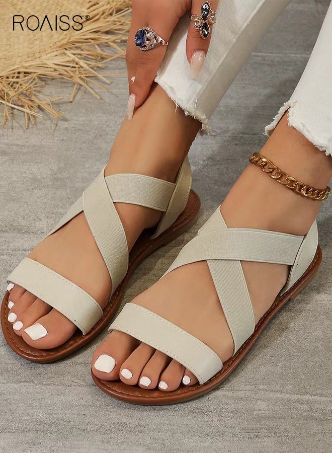 roaiss Flat Roman Sandals for Women Open Toe Lightweight Elastic Band Sandals Women's Plus Size Slip On Comfortable Casual and Stylish Outdoor Beach Slippers Ankle Strap Beige Lightweight - Image 4