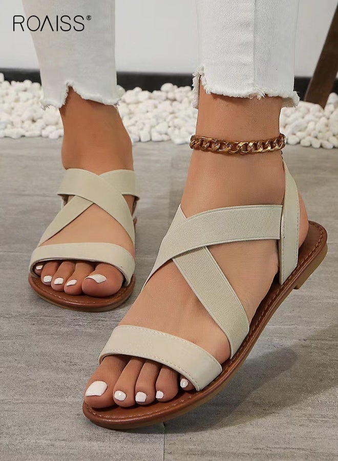 roaiss Flat Roman Sandals for Women Open Toe Lightweight Elastic Band Sandals Women's Plus Size Slip On Comfortable Casual and Stylish Outdoor Beach Slippers Ankle Strap Beige Lightweight - Image 3