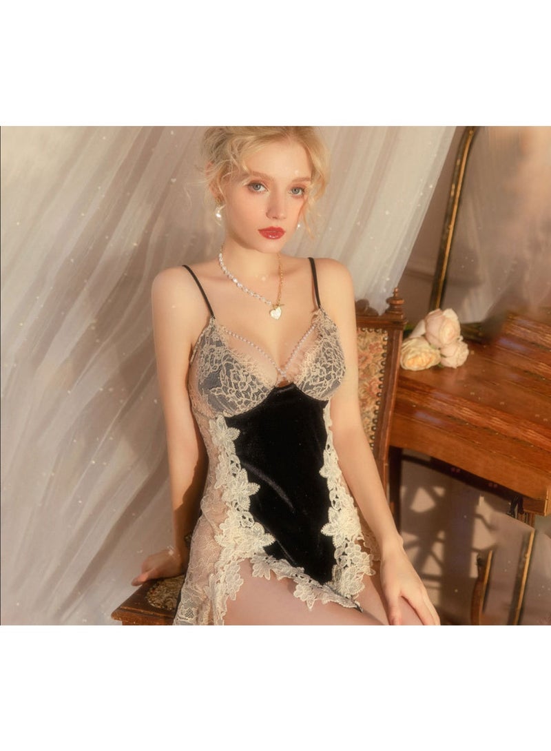 Luxury Velvet Lace Slip Nightgown for Women - Deep V Neck Sleeveless Loungewear, Elegant Short Sleep Dress for Home & Intimate Wear - Image 1