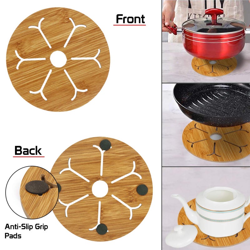 HOKIPO® Eco-Friendly Bamboo Wooden Coasters for Home Pan Pot Holder for Dining Table Heat Pad for Kitchen - Pack of 4 (AR2925) - Image 2
