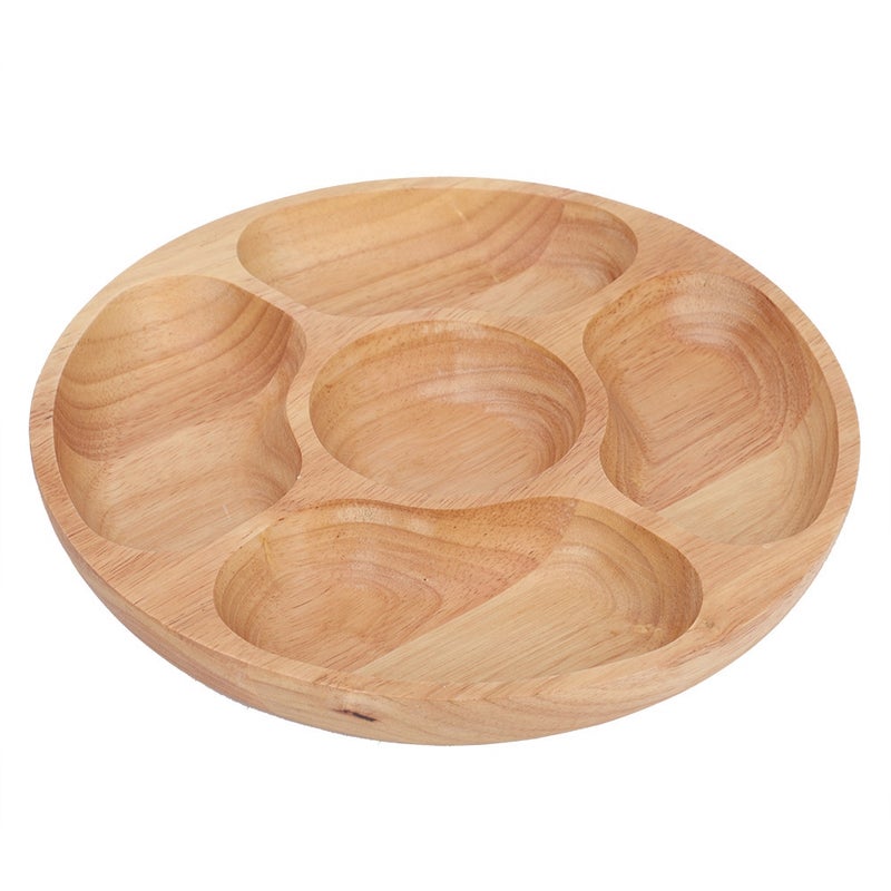 Wooden Round Shape Food Divided Plate Dessert Snack Sub grid Dish Tableware Tray (25cm) - Image 3