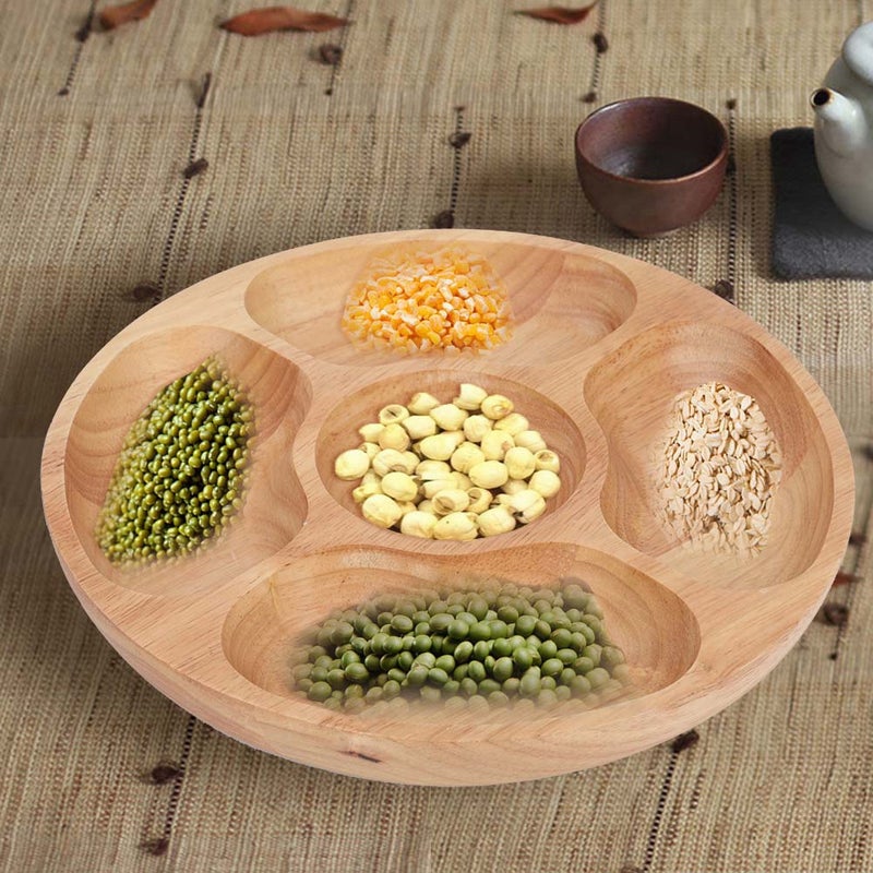 Wooden Round Shape Food Divided Plate Dessert Snack Sub grid Dish Tableware Tray (25cm) - Image 5