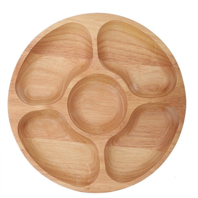 Wooden Round Shape Food Divided Plate Dessert Snack Sub grid Dish Tableware Tray (25cm) - Image 1