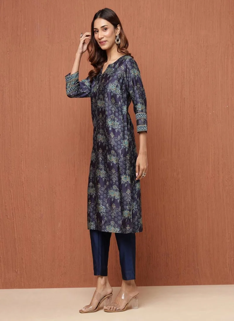 فاب انديا Blue Cotton Silk Hand Block Printed Long Kurta