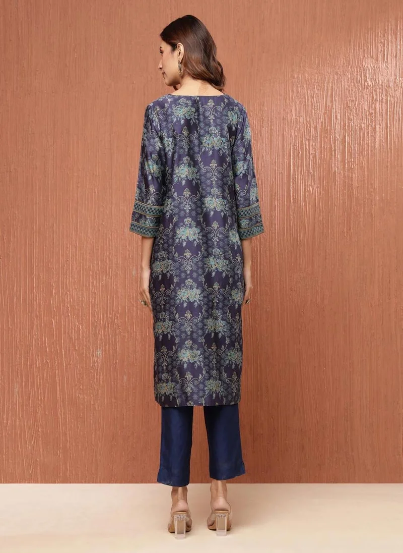 فاب انديا Blue Cotton Silk Hand Block Printed Long Kurta