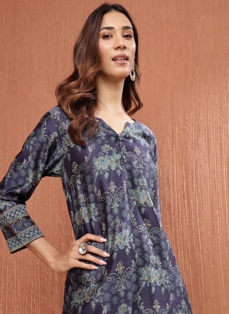 فاب انديا Blue Cotton Silk Hand Block Printed Long Kurta