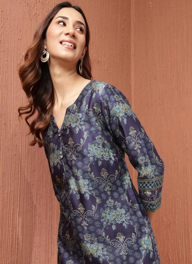 فاب انديا Blue Cotton Silk Hand Block Printed Long Kurta