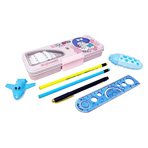 PARTEET Combo (Pack of 6 Items) 1 Metal Pencil Box, 2Pencil, 1 Scale, 1Sharpner, 1 Pen, 1Correction Tape for Kids (Assorted Colour) - Image 1