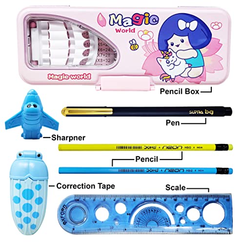 PARTEET Combo (Pack of 6 Items) 1 Metal Pencil Box, 2Pencil, 1 Scale, 1Sharpner, 1 Pen, 1Correction Tape for Kids (Assorted Colour) - Image 2