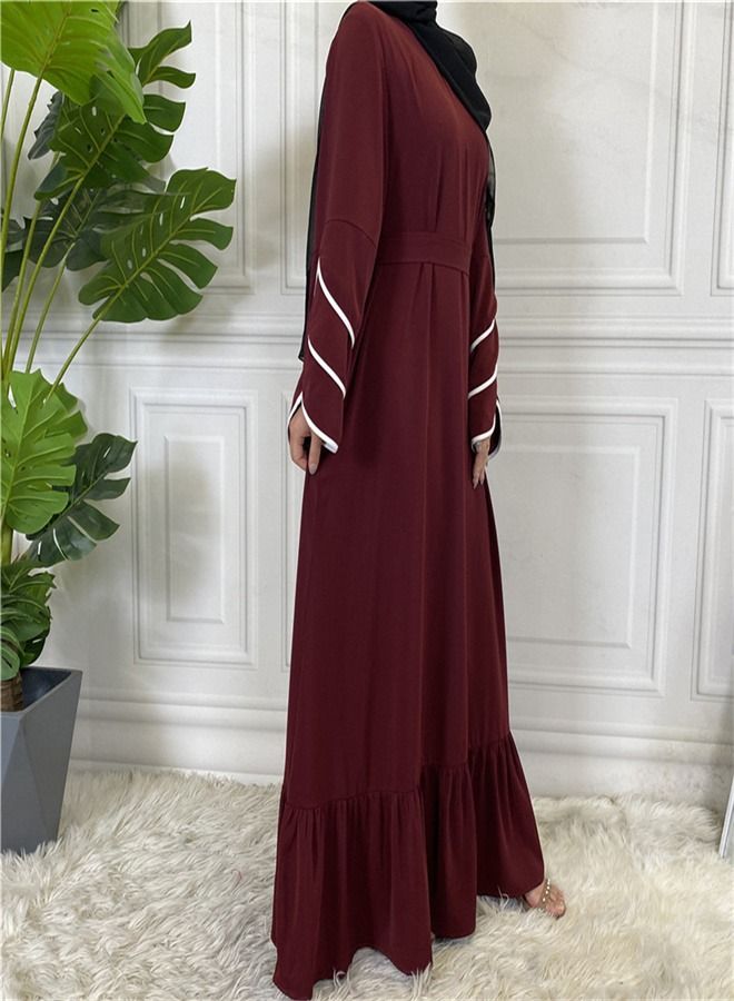 Loquat Pleated Loose Hem Muslim Fashion Dress Abaya Red  - Image 3