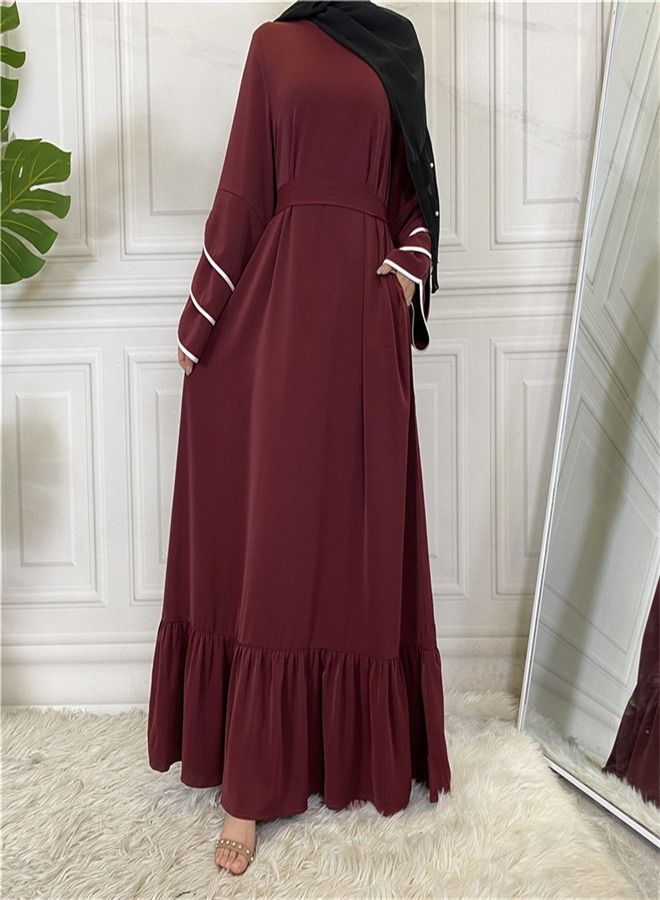 Loquat Pleated Loose Hem Muslim Fashion Dress Abaya Red  - Image 1