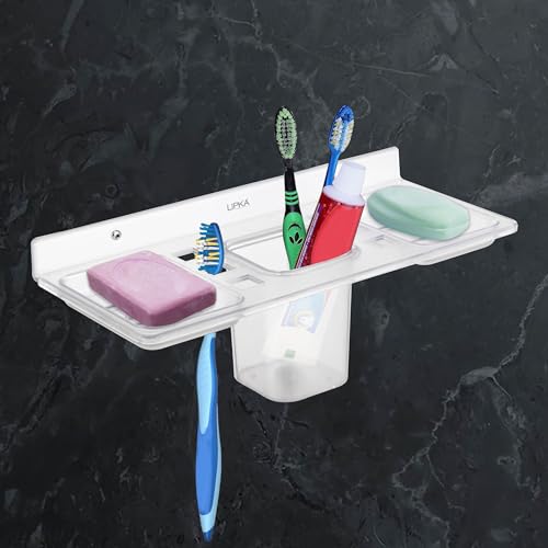 Lipka Unbreakable ABS 4-in-1 Wall Mounted Bathroom Shelf Tray | Double Soap Dish, Toothbrush & Tumbler Holder | Multipurpose Storage Rack for Bathroom, Kitchen, Wash Basin, Shower & Toilet Use - Image 1