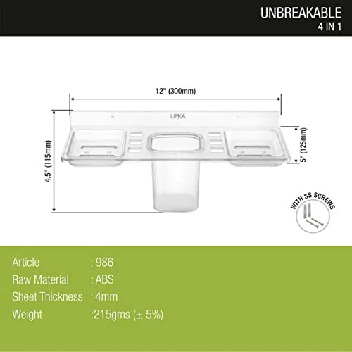 Lipka Unbreakable ABS 4-in-1 Wall Mounted Bathroom Shelf Tray | Double Soap Dish, Toothbrush & Tumbler Holder | Multipurpose Storage Rack for Bathroom, Kitchen, Wash Basin, Shower & Toilet Use - Image 2