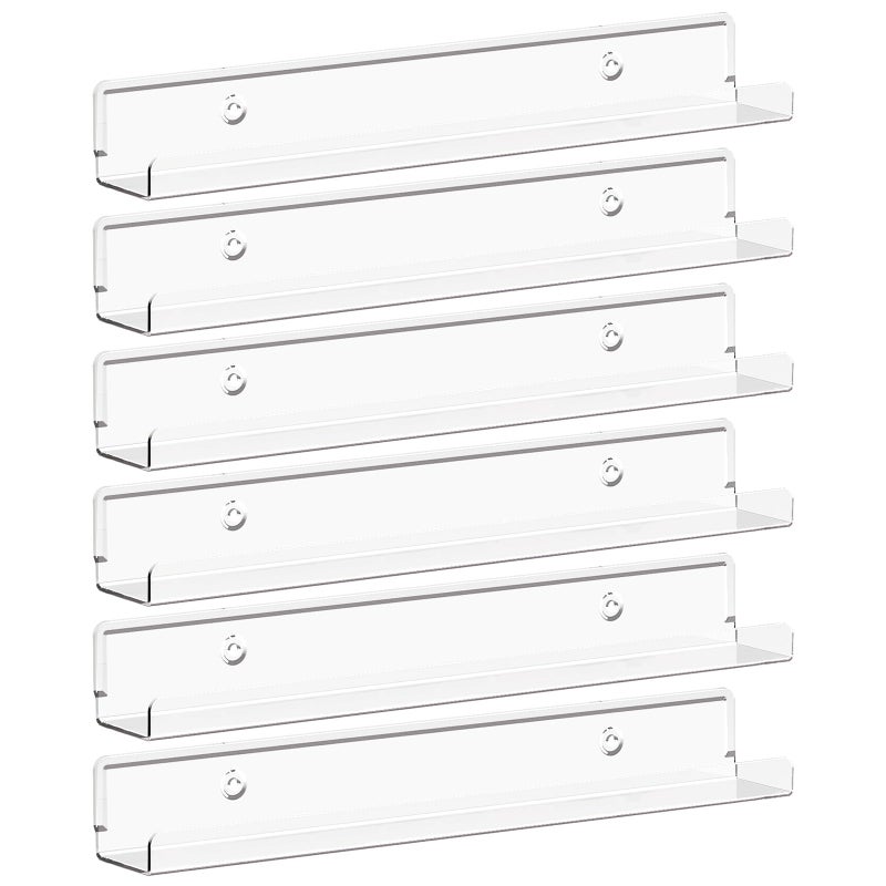 Lifewit Narrow Floating Shelves for Vinyl Record 6 Pack 12 Clear Wall Shelves for Nail PolishBookPictureMakeup Acrylic Wall Display Shelf Organizer for Bedroom Living Room Bathroom Decor - Image 3