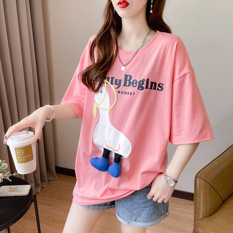 8925# [Real S 6535 ] Summer Fresh Cute Cartoon Duck Print 2024 Round Neck T-Shirt For Women - Image 1