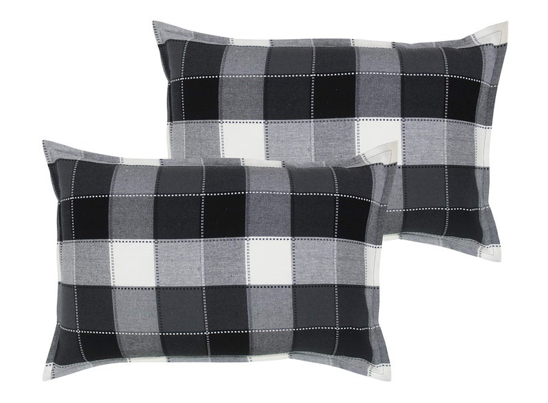 Airwill 100% Cotton Checkered Pattern Flap Pillow Covers (46x69cm)(Black, Grey, Pack of 2 Pieces) - Image 1
