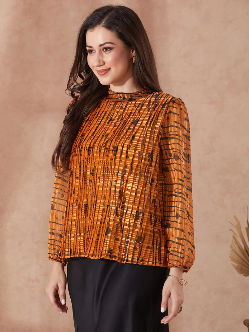 globus Women Rust Satin Abstract Print High Neck Bishop Sleeves Accordion Pleat Party Top