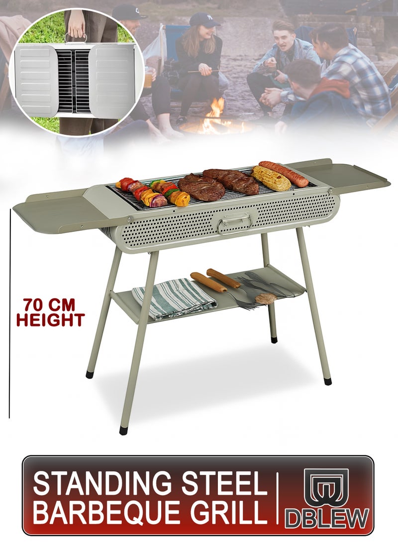 DBLEW Foldable Steel BBQ Grill with Spacious Cooking Area, Side Trays, Bottom Shelf, Charcoal Compartment, Portable Design for Outdoor, Camping, Picnic, and Backyard Use – DBLEW K-701 – 6 Kg – Expand Size 122x30x70 cm - Image 1