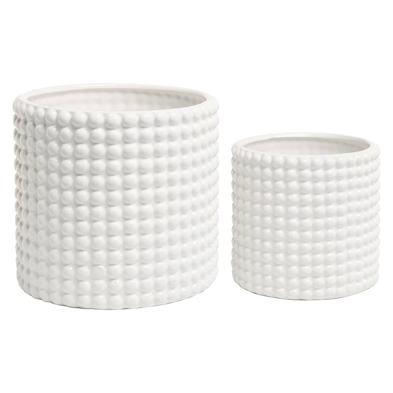 MyGift 6 Inch Ceramic Round Planter Pot Set of 2 VintageStyle White Ceramic Flower Pots Indoor Hobnail Textured Cylindrical Succulent Plant Containers - Image 2