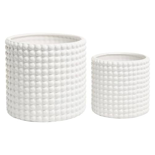MyGift 6 Inch Ceramic Round Planter Pot Set of 2 VintageStyle White Ceramic Flower Pots Indoor Hobnail Textured Cylindrical Succulent Plant Containers - Image 1