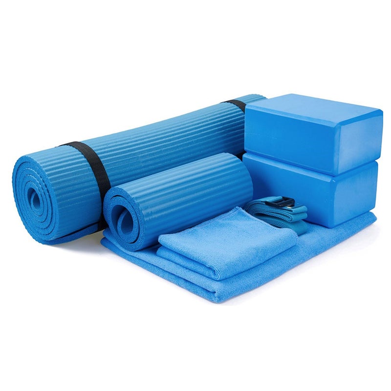 BalanceFrom 7 Piece Yoga Set with Mat Towel Home Workout Equipment Blue