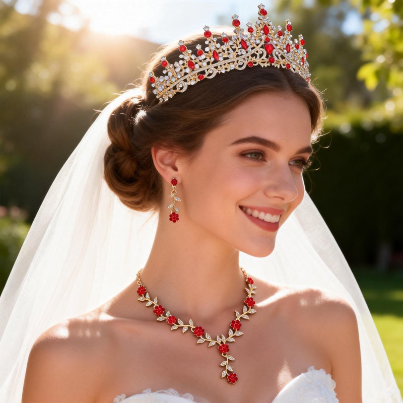 Kamirola Tiaras and Crowns for Women,Tiaras Earrings Necklace, Crystal Bridal Jewelry Set (Gold Red) - Image 4