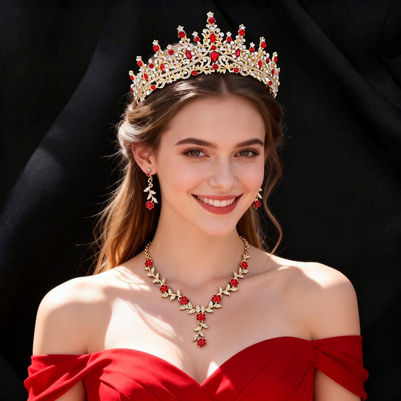 Kamirola Tiaras and Crowns for Women,Tiaras Earrings Necklace, Crystal Bridal Jewelry Set (Gold Red) - Image 2