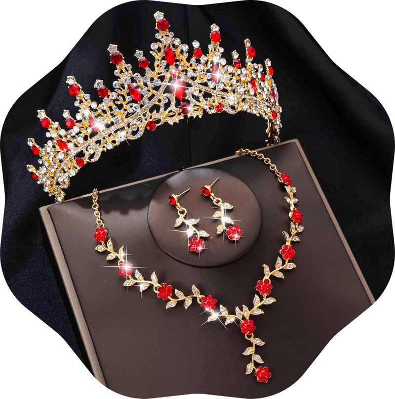 Kamirola Tiaras and Crowns for Women,Tiaras Earrings Necklace, Crystal Bridal Jewelry Set (Gold Red) - Image 1