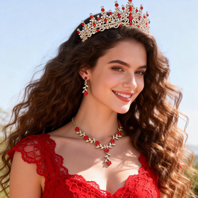 Kamirola Tiaras and Crowns for Women,Tiaras Earrings Necklace, Crystal Bridal Jewelry Set (Gold Red) - Image 5