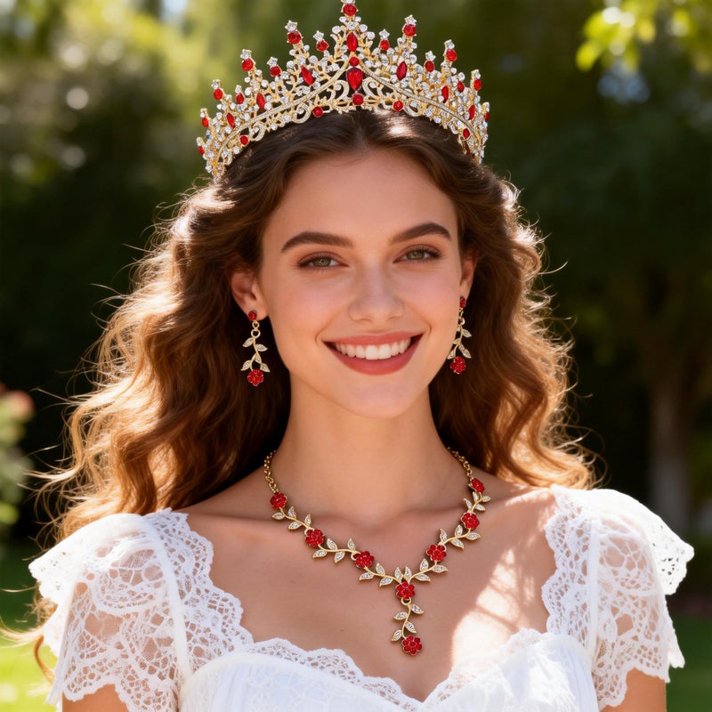 Kamirola Tiaras and Crowns for Women,Tiaras Earrings Necklace, Crystal Bridal Jewelry Set (Gold Red) - Image 3