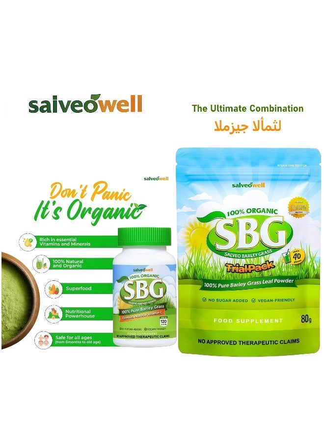 Salveowell 100% Organic Barley Grass Powder Supplement, Rich in Nutrients, Vitamins, and Antioxidants, 120 Capsules + 80g Pack for the Ultimate Combination - Image 1