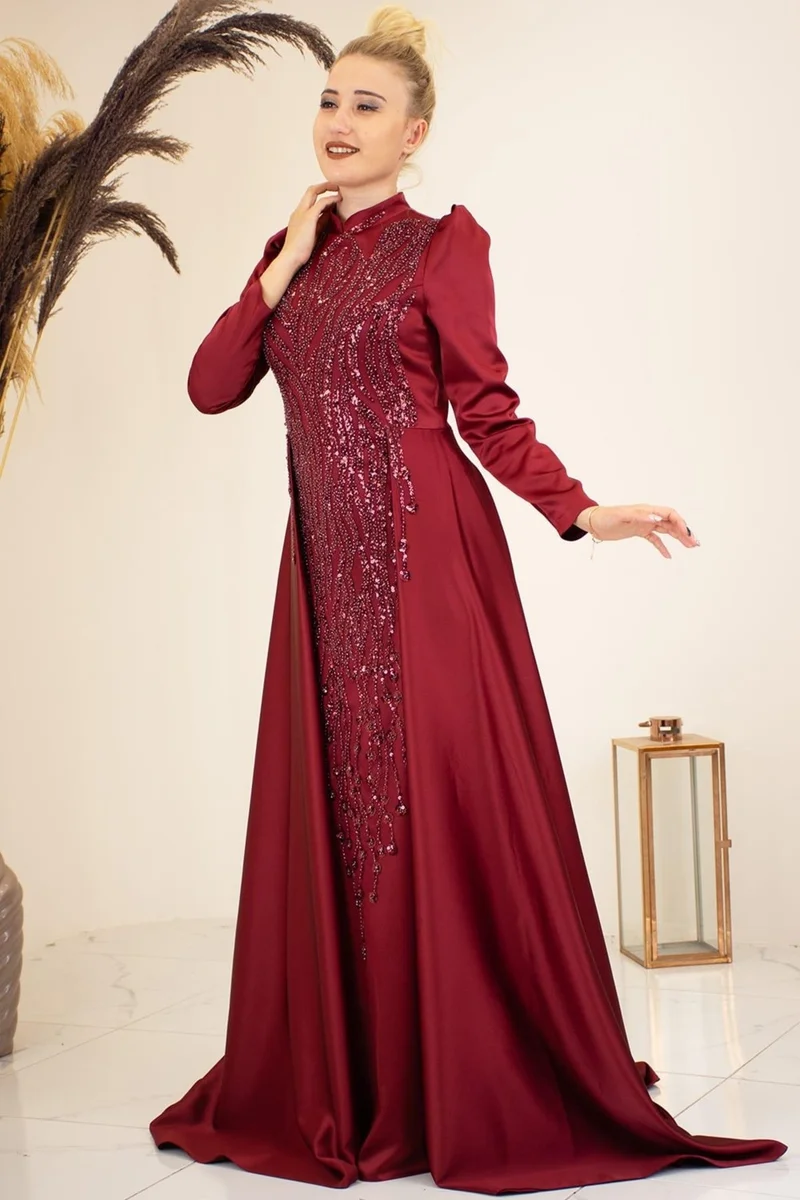 Esilanur Drop Hijab Evening Dress Claret Red