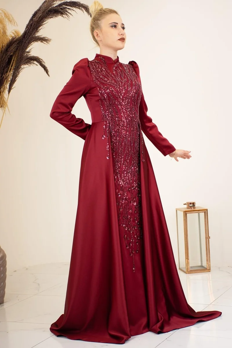 Esilanur Drop Hijab Evening Dress Claret Red