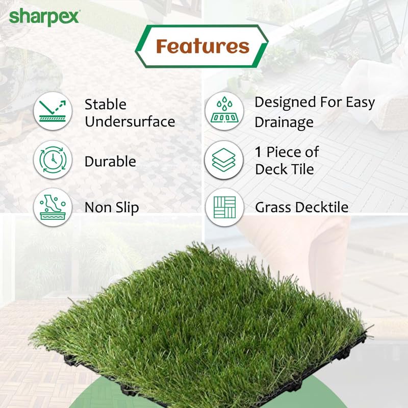 Sharpex Artificial Grass Deck Tiles with Interlocking | 1 Piece Floor Decking Water Resistant Tile for Balcony, Terrace, Garden, Poolside | Quick Flooring Solution for Indoor/Outdoor (Green, 1 Piece) - Image 3