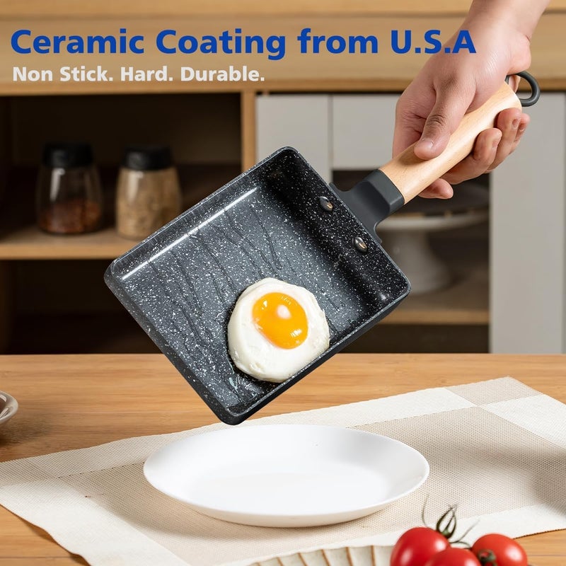 LISOS Ceramic Coating Square Japanese Tamagoyaki Omelette Small Skillet, Non-stick Rectangle Egg Roll Pan with Wood Handle (Dark Grey) - Image 4