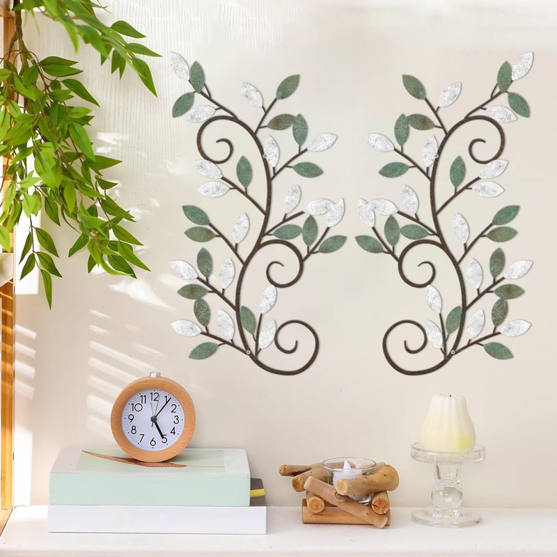 ESTART 2 Pieces Metal Tree Leaf Wall Decor Vine Olive Branch Leaf Wall Art Ornament Wall Hanging Sign for above Door, Living Room, Bathroom, Office, Indoor and Outdoor Decoration (White Green Colors) - Image 2