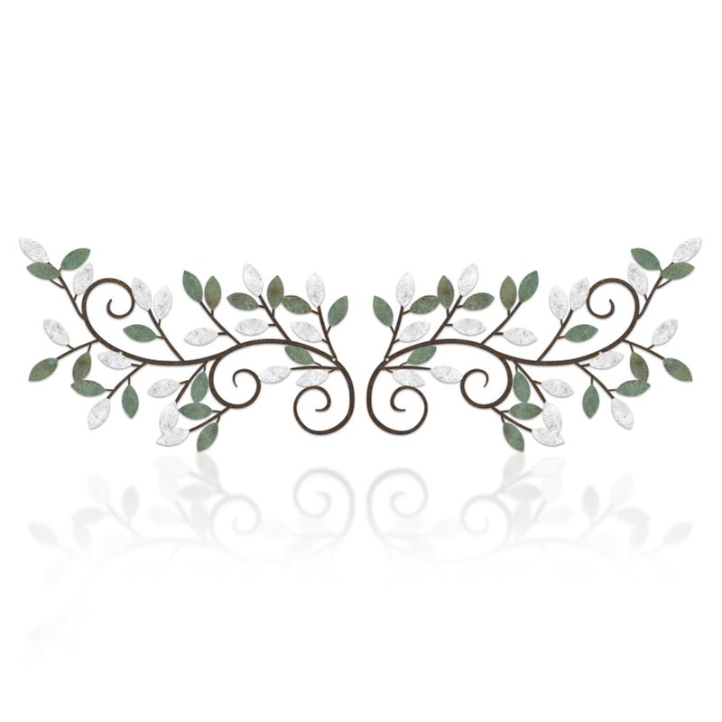 ESTART 2 Pieces Metal Tree Leaf Wall Decor Vine Olive Branch Leaf Wall Art Ornament Wall Hanging Sign for above Door, Living Room, Bathroom, Office, Indoor and Outdoor Decoration (White Green Colors) - Image 1