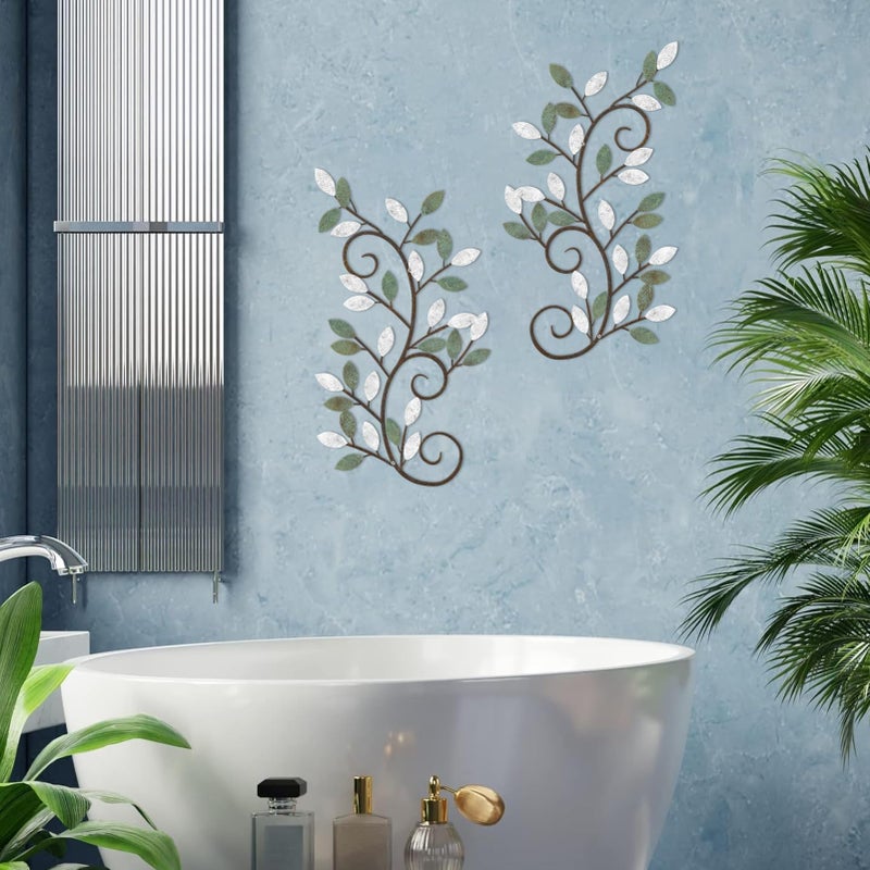 ESTART 2 Pieces Metal Tree Leaf Wall Decor Vine Olive Branch Leaf Wall Art Ornament Wall Hanging Sign for above Door, Living Room, Bathroom, Office, Indoor and Outdoor Decoration (White Green Colors) - Image 5