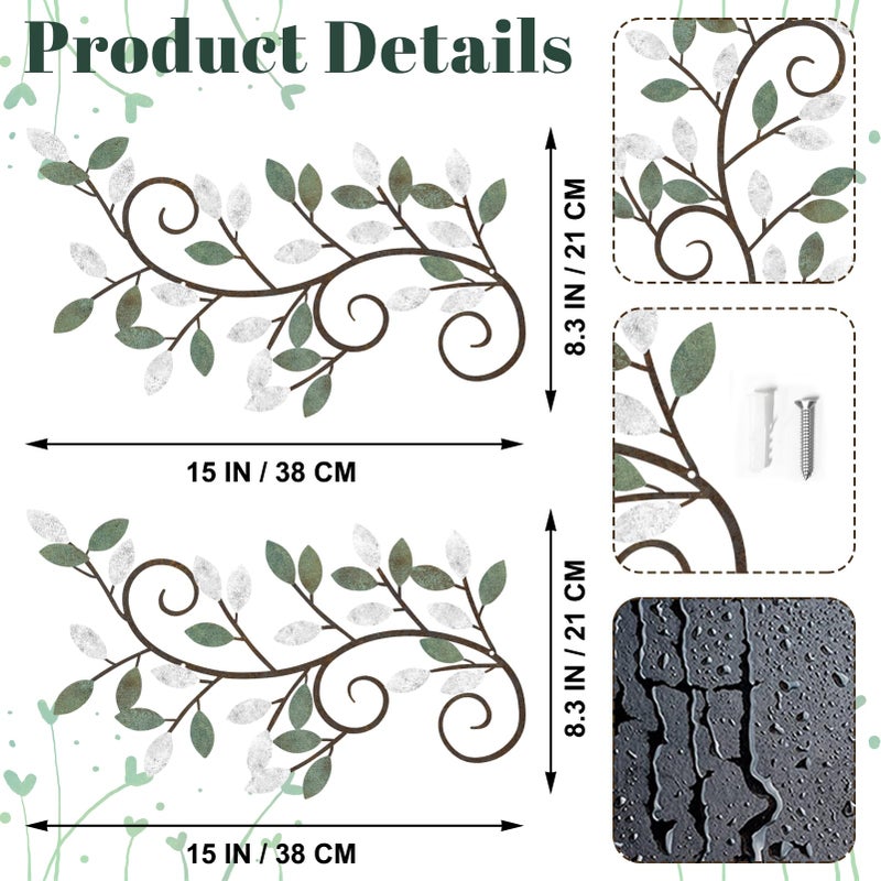 ESTART 2 Pieces Metal Tree Leaf Wall Decor Vine Olive Branch Leaf Wall Art Ornament Wall Hanging Sign for above Door, Living Room, Bathroom, Office, Indoor and Outdoor Decoration (White Green Colors) - Image 3